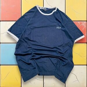 VTG Polo Ralph Lauren Ringer Tee 90S Men L Navy Gray Logo Crewneck Spellout RARE